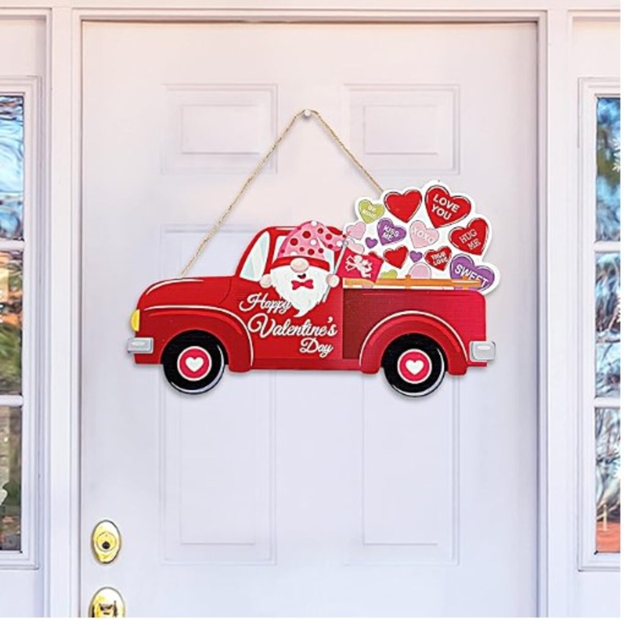 Front Door Hanging Sign Red Truck Gnome Heart Wooden Door Hanger Wreath Valentines Day Door Sign Happy Valentines Day Decorations for Weddings, Homes, and Offices Outdoor Wall Decor